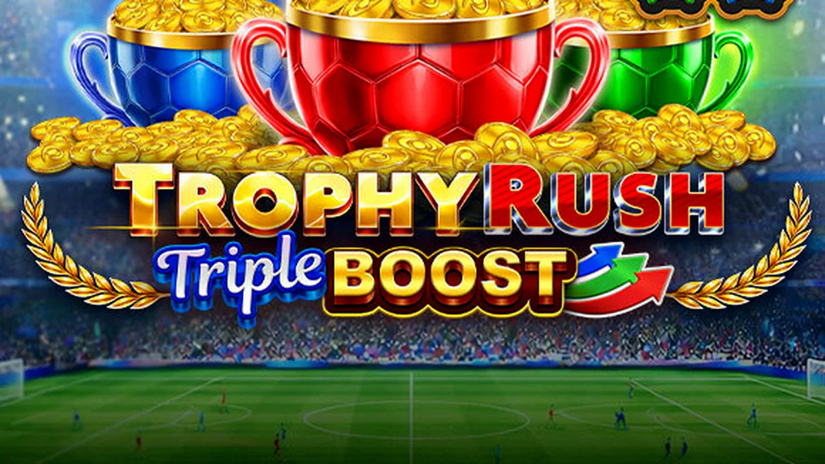 Tampilan visual slot Trophy Rush Triple Boost dengan tema stadion dan koin emas